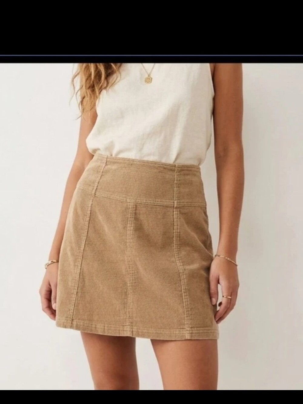 Free People Tan Corduroy A-Line Mini Skirt Boho Panel Stitch Camel Brown Size 6